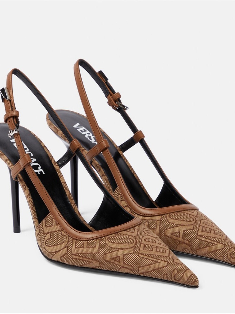 Versace Brown Logo Slingback Pointed Toe Pumps